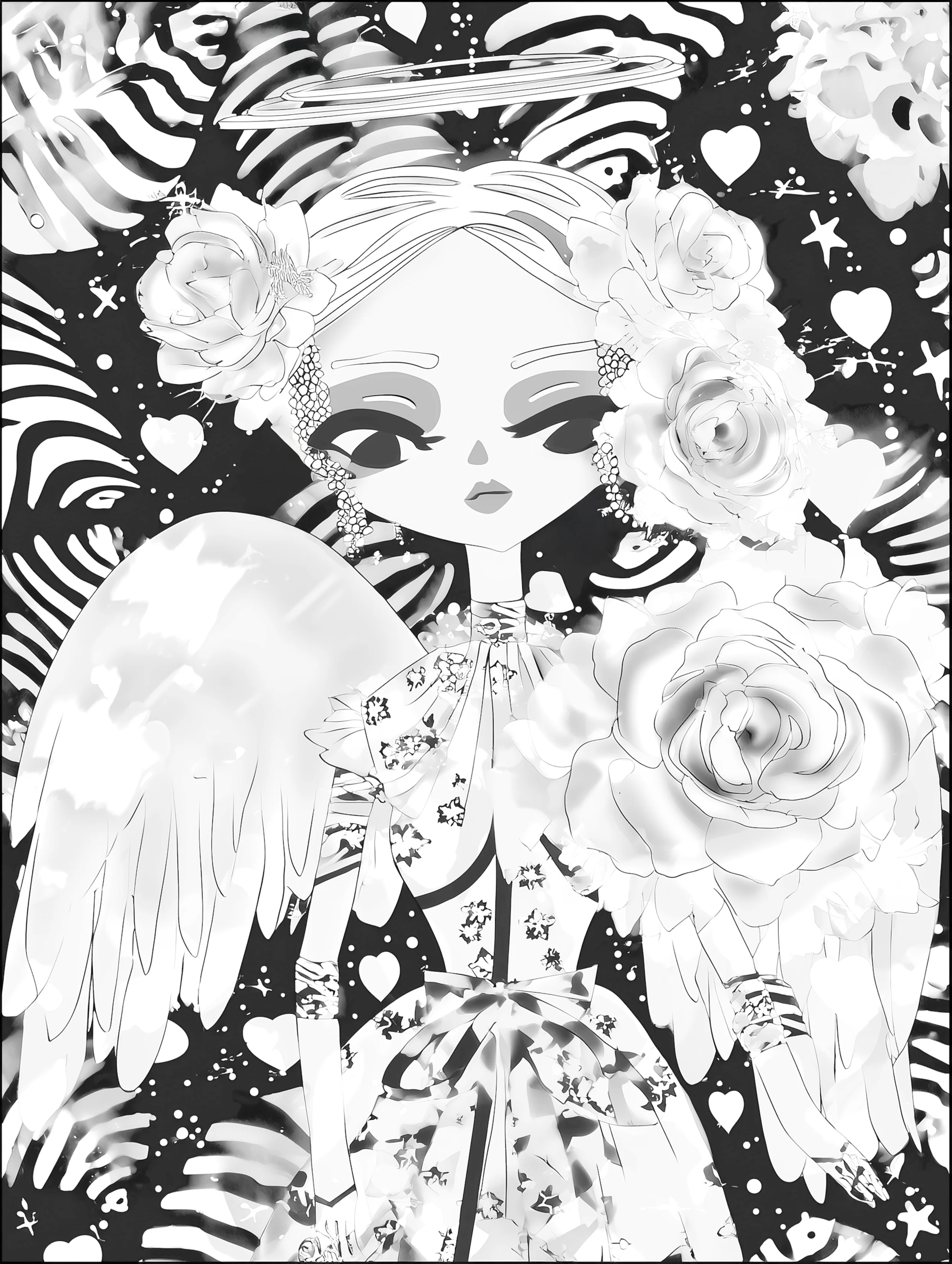 Free printable angel coloring page for adults featuring monochrome angel coloring page